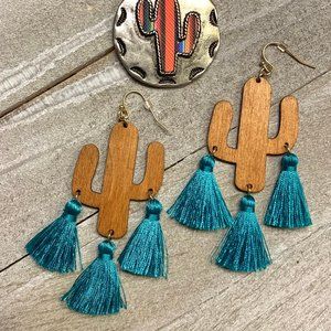 Turquoise Cactus Tassel Earrings